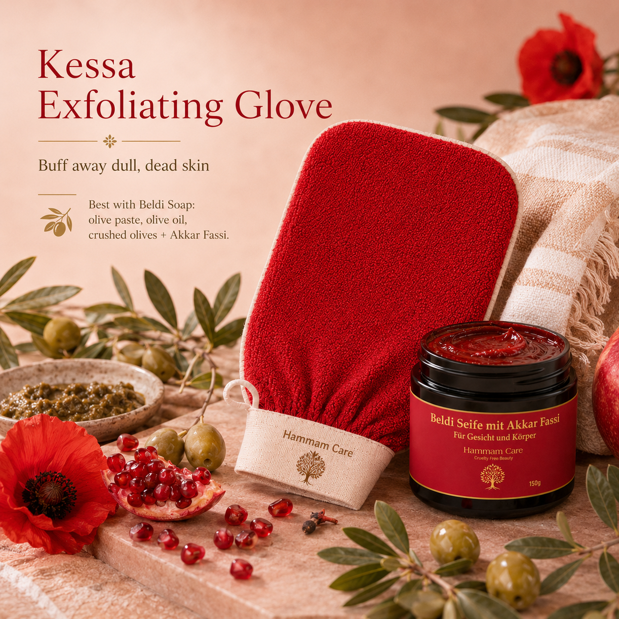Basis-Hammam-Set: Akkar Fassi & Olive-Beldi-Seife mit Kessa-Handschuh – Hammam Care