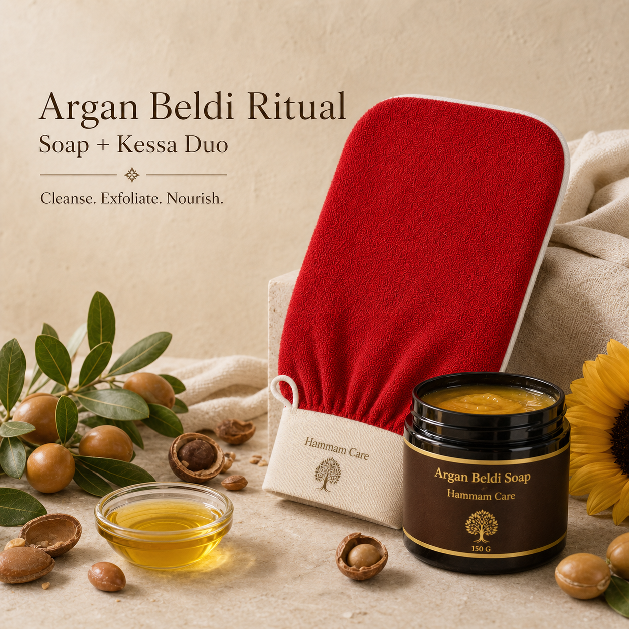 Basic Hammam Set: Argan Beldi Soap & Kessa Mitt