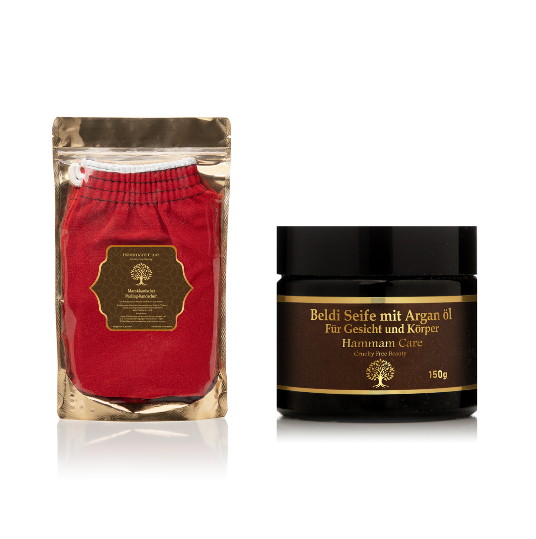 Basic Hammam Set: Argan Beldi Soap & Kessa Mitt