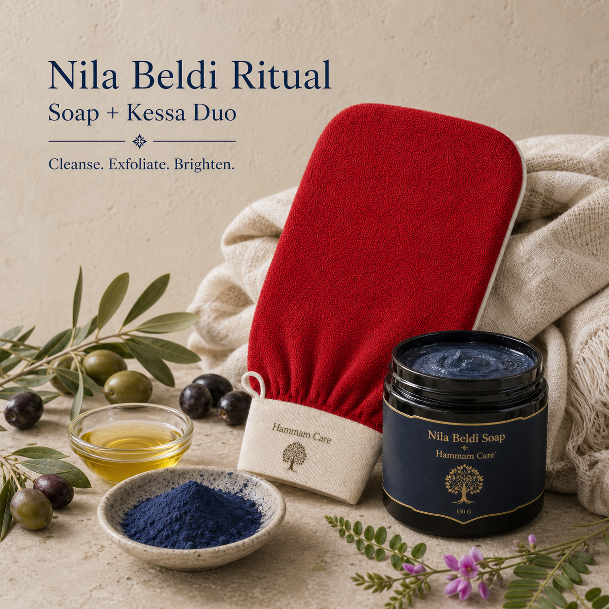 Basic Hammam Set: Olive & Nila Beldi Soap with Kessa Mitt