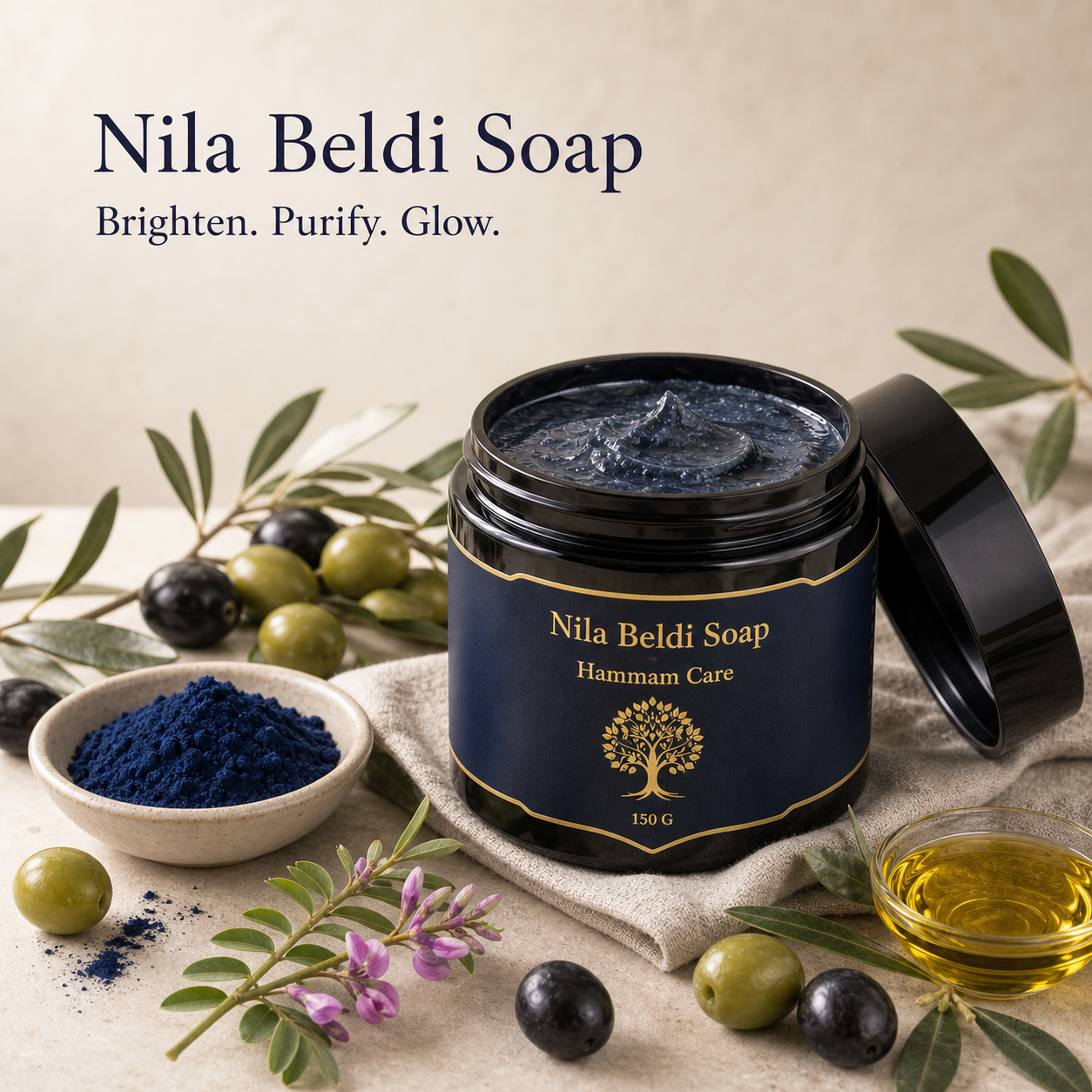 Basic Hammam Set: Olive & Nila Beldi Soap with Kessa Mitt
