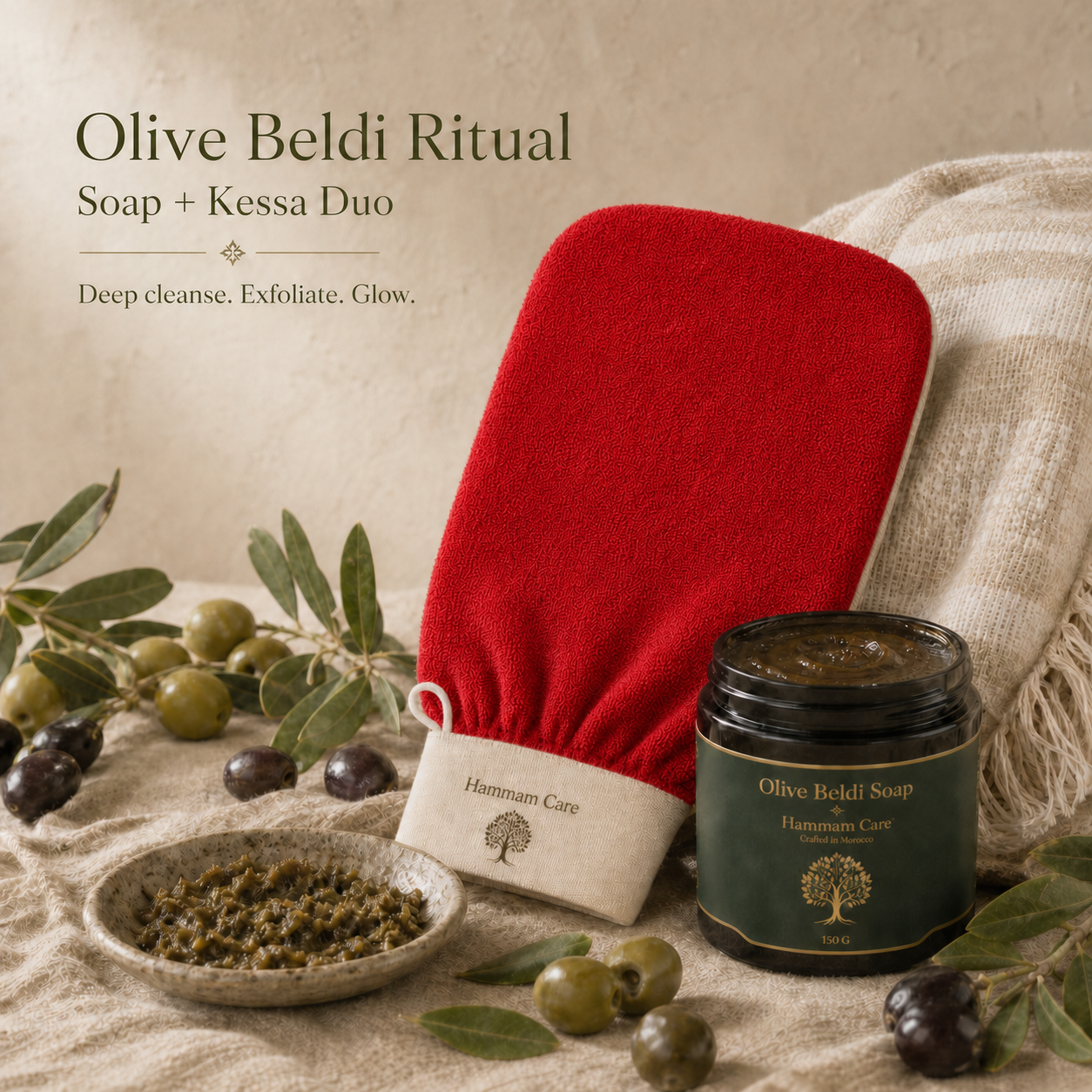 Basic Hammam Set: Olive Beldi Soap & Kessa Mitt