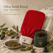 مجموعة Hammam الأساسية: صابون Olive Beldi Soap وقفاز Kessa